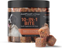 JustFoodForDogs 10-in-1 Multifunctional, Superfood Blend, Glucosamine, Omega-3 Fatty Acids, Skin Health, Joint Health, Probiotics, Plant-Based, Human Grade Chew Supplement for Dogs, 45 count slide 1 of 9