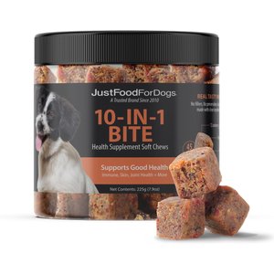 JustFoodForDogs 10-in-1 Multifunctional, Superfood Blend, Glucosamine, Omega-3 Fatty Acids, Skin Health, Joint Health, Probiotics, Plant-Based, Human Grade Chew Supplement for Dogs, 45 count