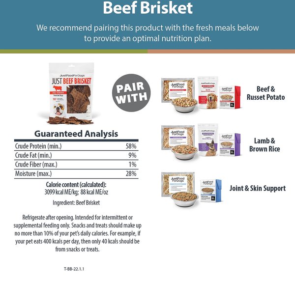 JustFoodForDogs Beef Brisket Dehydrated Dog Treats, 5-oz bag