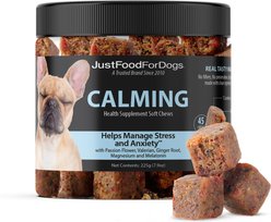 JustFoodForDogs Calming Support Stress & Anxiety, Melatonin, Relaxation Aid, Human-Grade Ingredients Soft Chew Supplement for Dogs, 45 count
