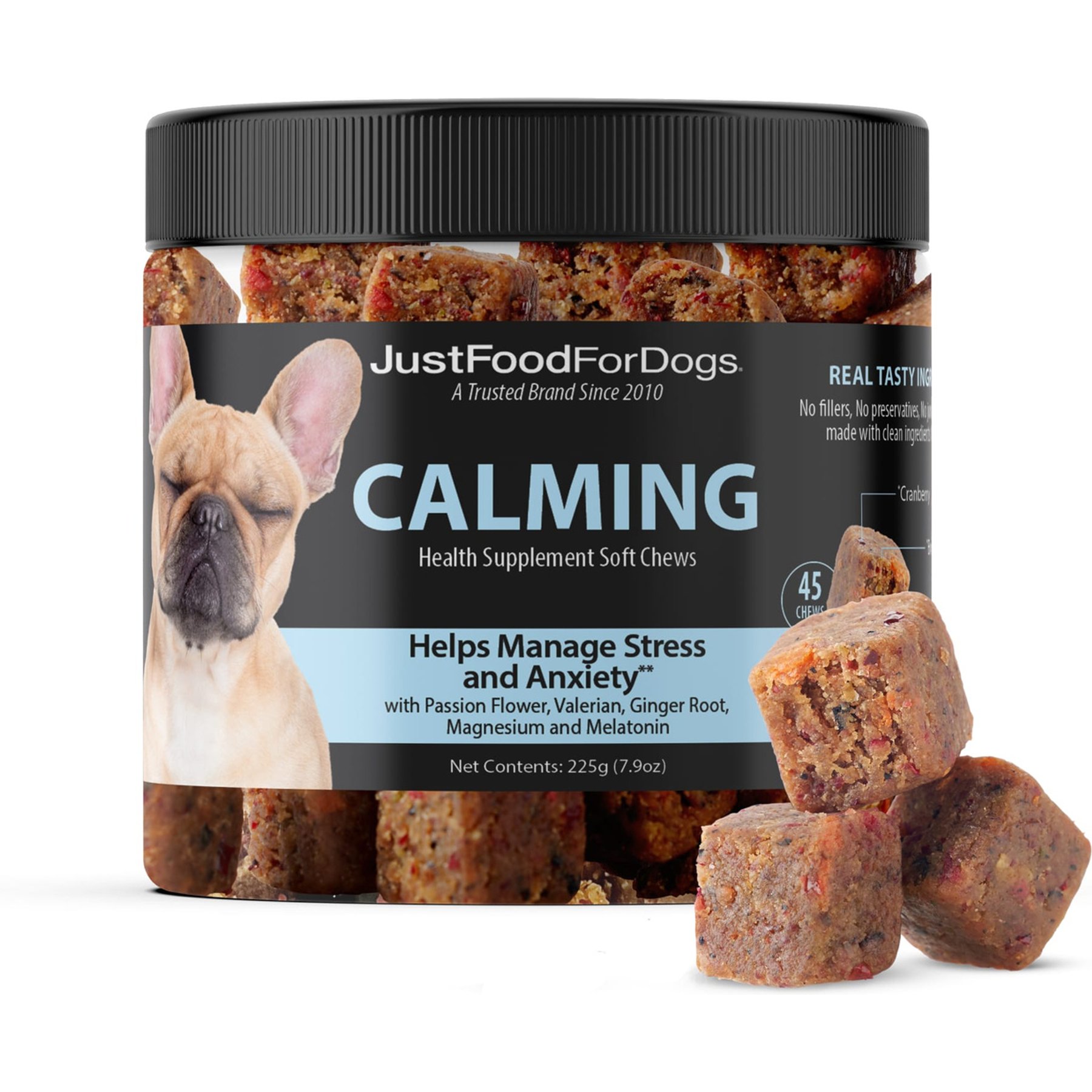JustFoodForDogs Calming Support Stress & Anxiety, Melatonin, Relaxation Aid, Human-Grade Ingredients Soft Chew Supplement for Dogs, 45 count
