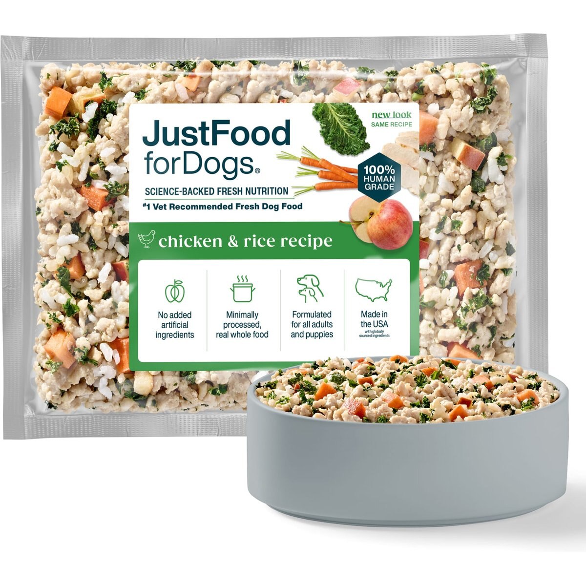 JustFoodForDogs Chicken & Rice Recipe Frozen Human-Grade Fresh Dog Food, 18-oz pouch, case of 7