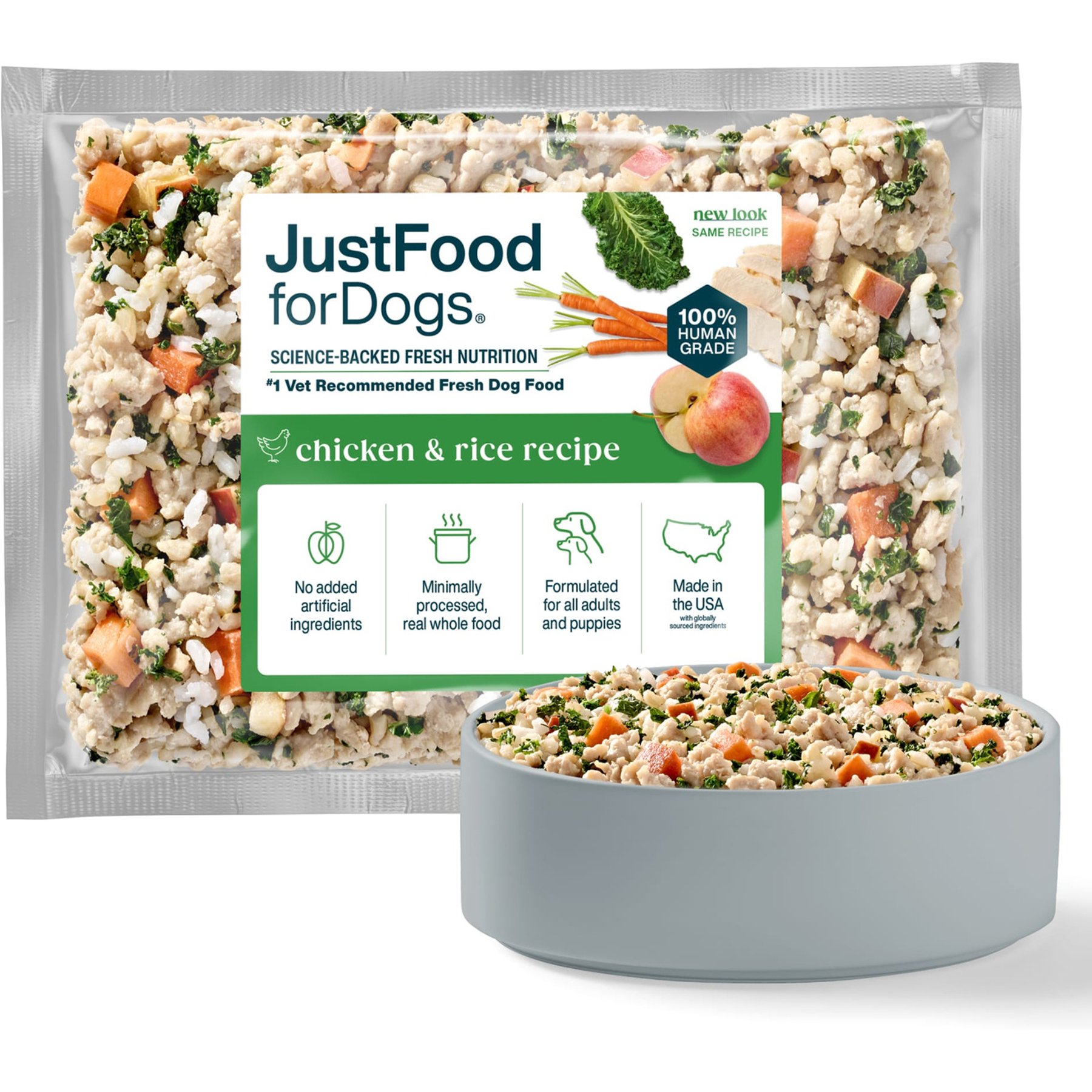 JustFoodForDogs Chicken & Rice Recipe Frozen Human-Grade Fresh Dog Food, 72-oz pouch, case of 7