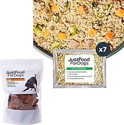 JustFoodForDogs Chicken & White Rice Recipe Frozen Fresh Food + Pumpkin Dehydrated Dog Treats