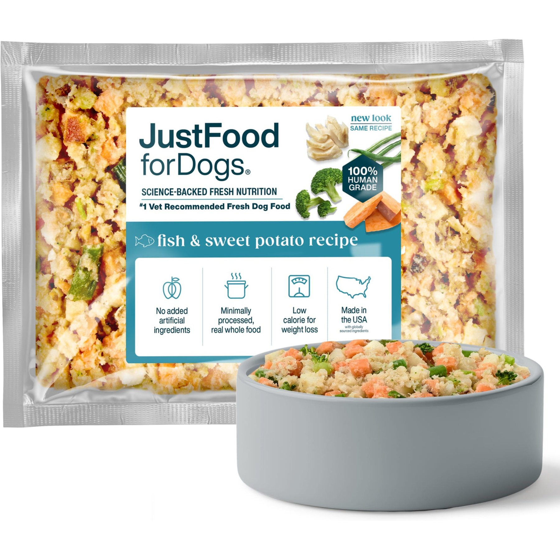 JustFoodForDogs Fish & Sweet Potato Recipe Frozen Human-Grade Fresh Dog Food, 18-oz pouch, case of 7