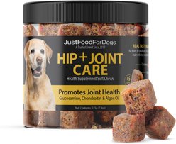 JustFoodForDogs Hip & Joint Mobility with Glucosamine & Chondriotin, Superfood Blend, Human Grade, Plant-based Soft Chews Supplement for Dogs, 45 count