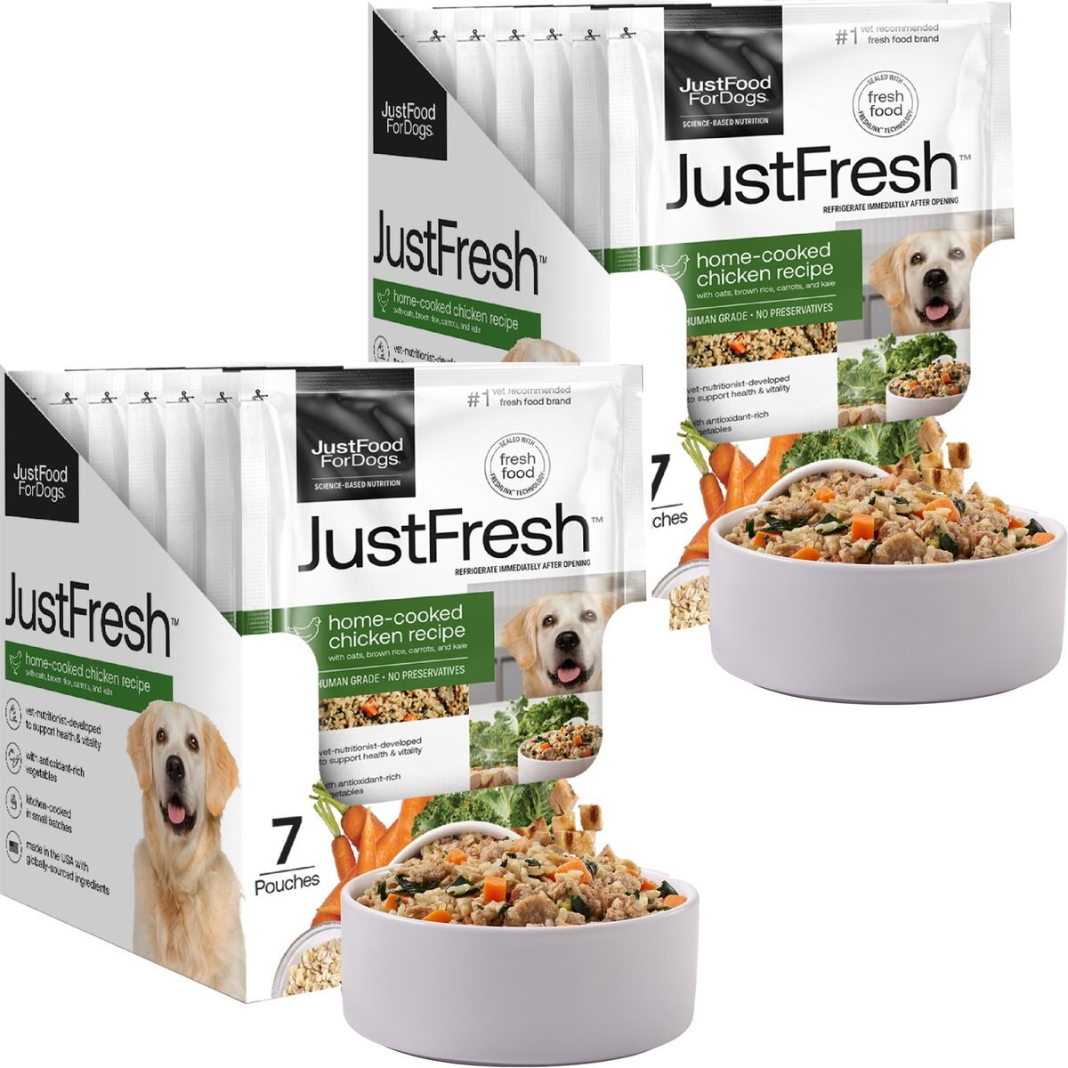 JustFoodForDogs JustFresh Human Grade Home-Cooked Chicken Recipe Fresh Dog Food, 12-oz pouch, bundle of 14