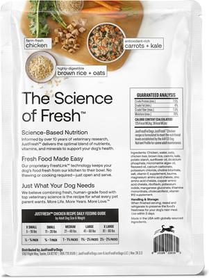 Show full view: JustFoodForDogs JustFresh Human Grade Home-Cooked Chicken Recipe Fresh Dog Food, 12-oz pouch slide 5 of 9