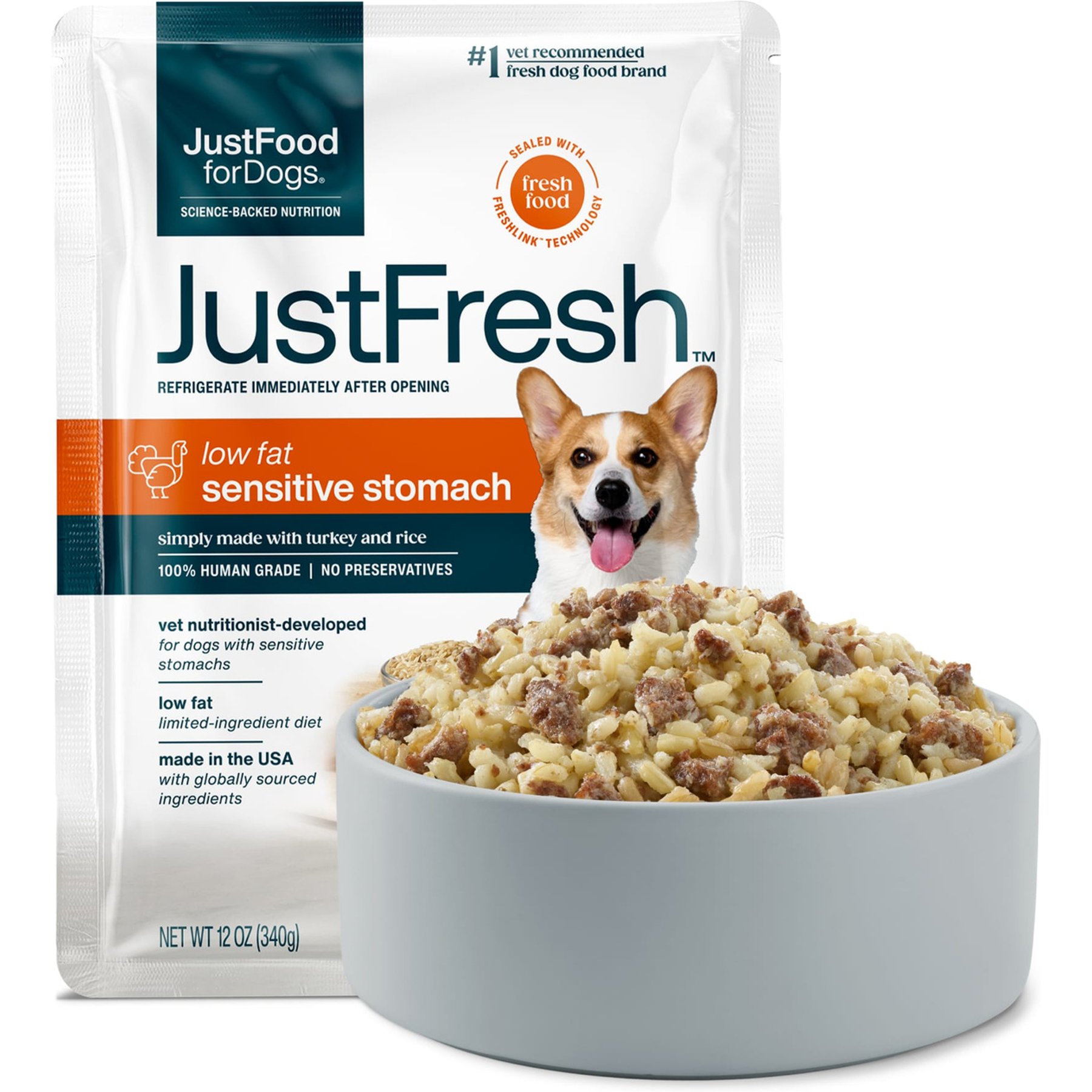 JustFoodForDogs JustFresh Shelf Stable Human Grade Sensitive Stomach Support Dog Food, 12-oz pouch, case of 7