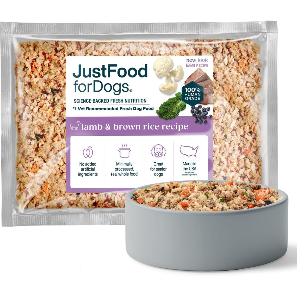 JustFoodForDogs Lamb & Brown Rice Recipe Frozen Human-Grade Fresh Dog Food, 18-oz pouch, case of 7