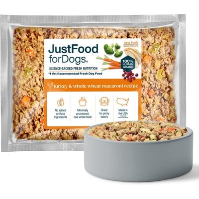 JustFoodForDogs JustFoodForDogs Turkey & Whole Wheat Macaroni Recipe Frozen Human-Grade Fresh Dog Food, 18-oz pouch, case of 14