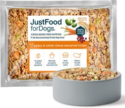 JustFoodForDogs Turkey & Whole Wheat Macaroni Recipe Frozen Human-Grade Fresh Dog Food, 18-oz pouch, case of 7