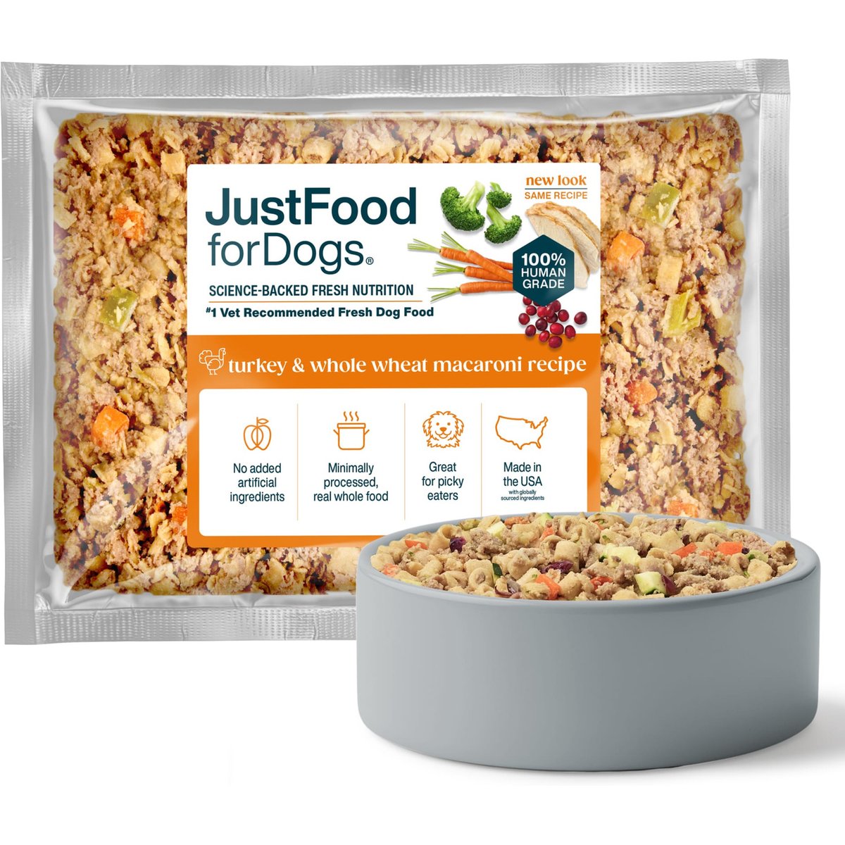 JustFoodForDogs Turkey & Whole Wheat Macaroni Recipe Frozen Human-Grade Fresh Dog Food, 72-oz pouch, case of 7