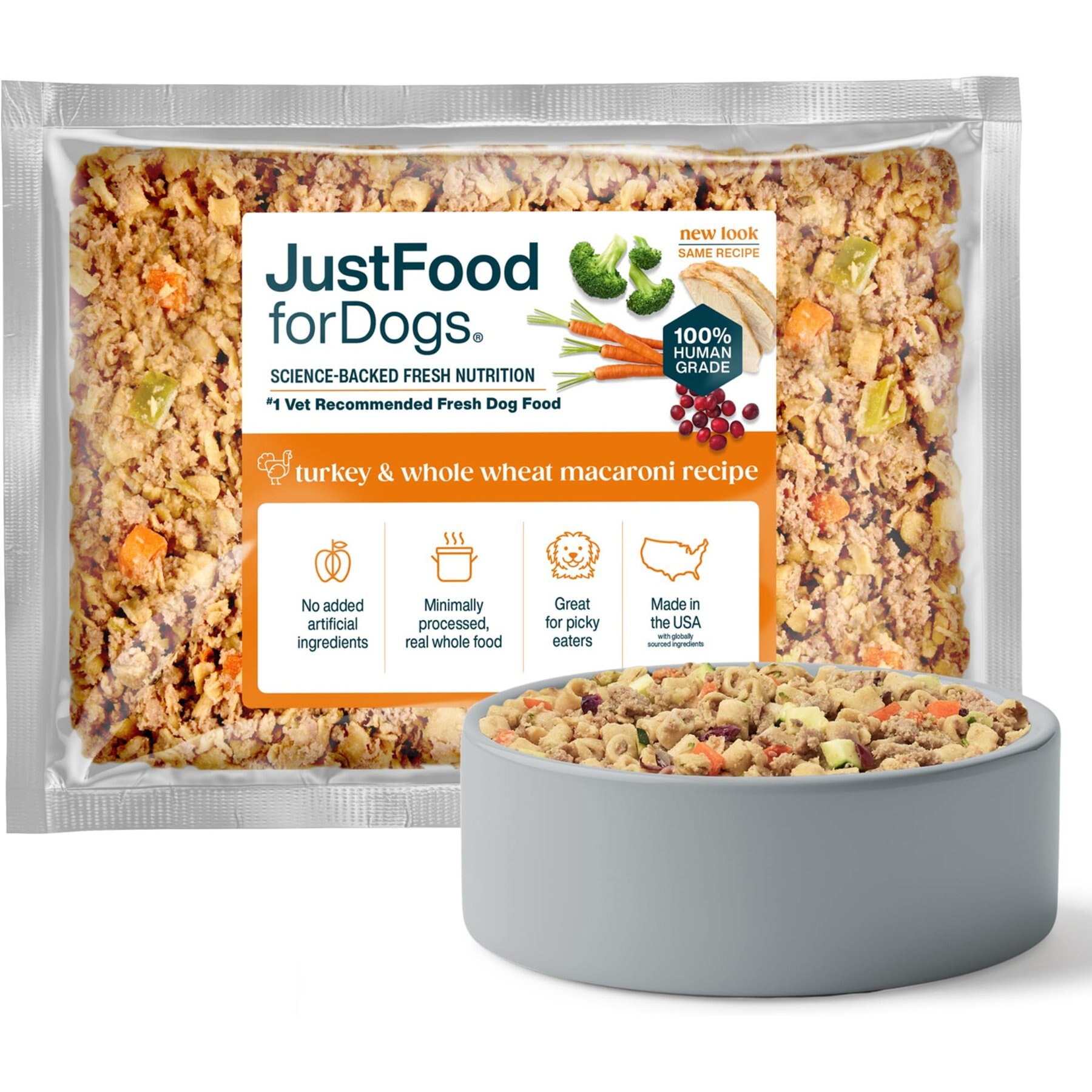 JustFoodForDogs Turkey & Whole Wheat Macaroni Recipe Frozen Human-Grade Fresh Dog Food, 72-oz pouch, case of 7