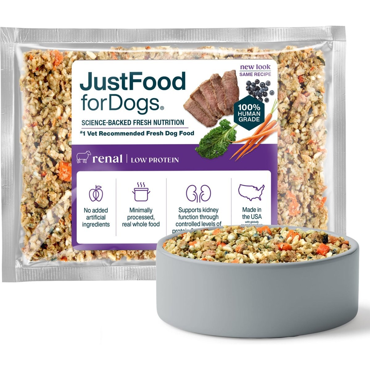 JustFoodForDogs Veterinary Diet Renal Support Low Protein Frozen Human-Grade Fresh Dog Food, 72-oz pouch, case of 7