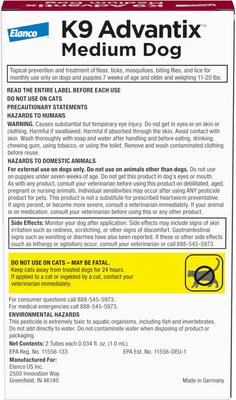 Show full view: K9 Advantix Flea, Tick & Mosquito Prevention for Medium Dogs, 11-20 lbs, 2-Monthly Treatments slide 2 of 10
