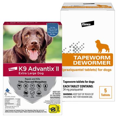 Show full view: K9 Advantix II Flea & Tick Spot Treatment, over 55-lbs + Elanco Tapeworm Dog De-Wormer slide 1 of 9