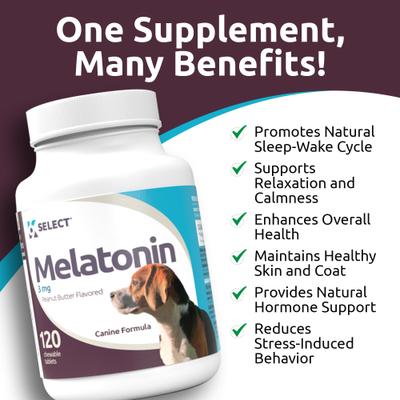 Show full view: K9 Select Melatonin Peanut Butter Flavor Calming Dog Supplement, 3-mg, 120 count slide 7 of 9