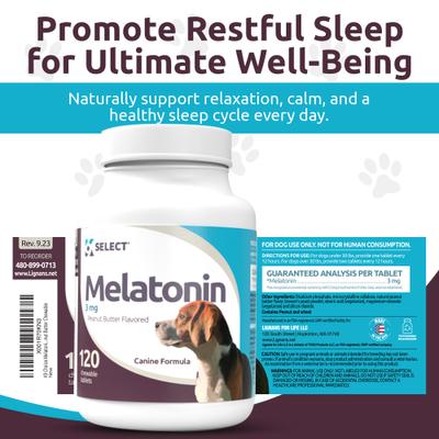 Show full view: K9 Select Melatonin Peanut Butter Flavor Calming Dog Supplement, 3-mg, 120 count slide 5 of 9