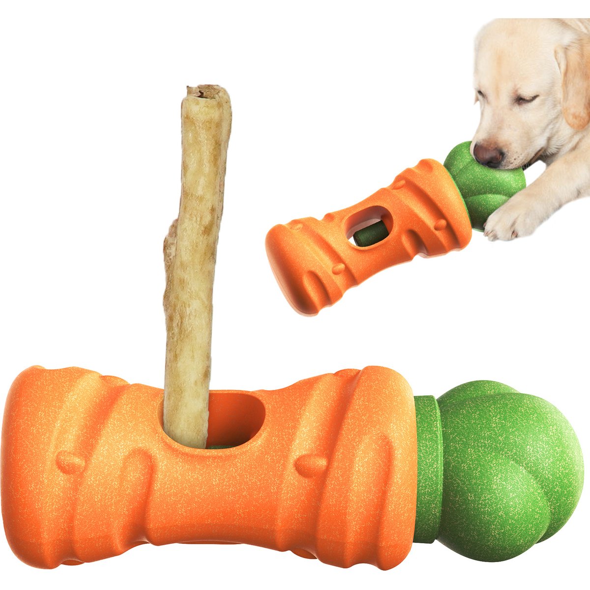 KADTC 2 IN 1 Durable Carrot Bully Stick Holder & Dog Chew Toy, Orange, Large