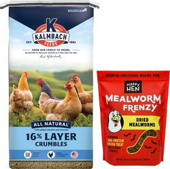Kalmbach Feeds All Natural 16% Protein Layer Crumbles Chicken Feed, 50-lb bag + Happy Hen Treats Mealworm Frenzy Poultry Treats, 30-oz bag
