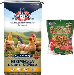 Kalmbach Feeds All Natural 17% Protein Hi Omega Layer Crumbles Chicken Feed, 50-lb bag & Brown's Dried Mealworms for Wild Birds & Chickens, 3-oz bag