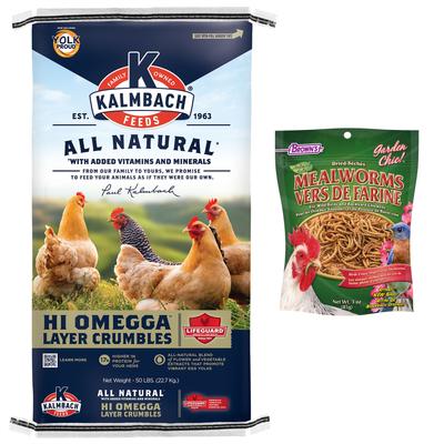Show full view: Kalmbach Feeds All Natural 17% Protein Hi Omega Layer Crumbles Chicken Feed, 50-lb bag & Brown's Dried Mealworms for Wild Birds & Chickens, 3-oz bag slide 1 of 8