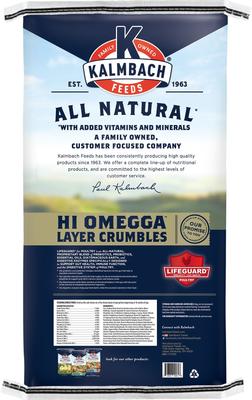Show full view: Kalmbach Feeds All Natural 17% Protein Hi Omega Layer Crumbles Chicken Feed, 50-lb bag & Brown's Dried Mealworms for Wild Birds & Chickens, 3-oz bag slide 3 of 8