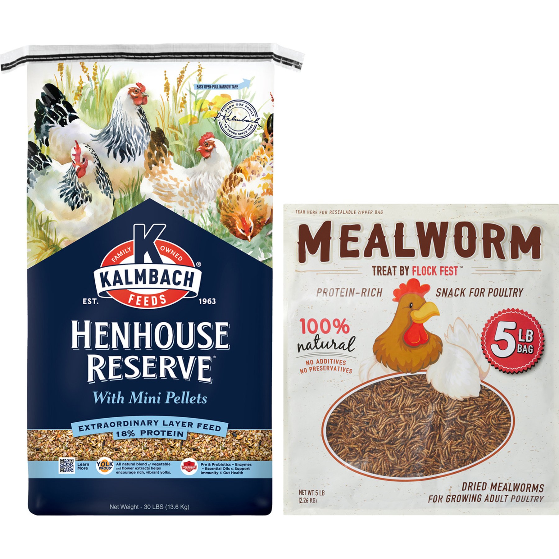 Kalmbach Feeds All Natural Henhouse Reserve Premium Layer Chicken Feed, 30-lb bag + Flock Fest Dried Mealworms Adult Poultry Treats, 5-lb bag