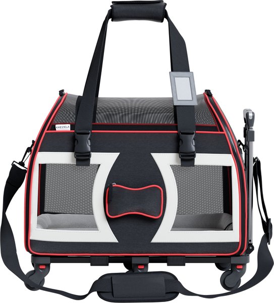 Katziela Bone Cruiser Pro Removable Wheels & Double Telescopic Handle Cat & Dog Carrier, Black & Red