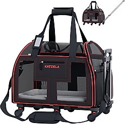Katziela Luxury Lorry Pro Removable Wheels & Double Telescopic Handle Dog & Cat Carrier, Black & Red