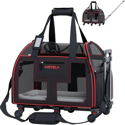 Katziela Katziela Luxury Lorry Pro Removable Wheels & Double Telescopic Handle Dog & Cat Carrier, Black & Red