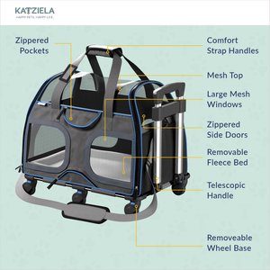 Katziela Luxury Rider Pro Removable Wheels & Double Telescopic Handle Airline-Approved Dog & Cat Carrier Bag, Black & Blue