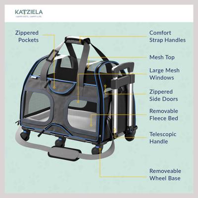 Show full view: Katziela Luxury Rider Pro Removable Wheels & Double Telescopic Handle Airline-Approved Dog & Cat Carrier Bag, Black & Blue slide 3 of 7