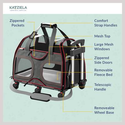 Show full view: Katziela Luxury Rider Pro Removable Wheels & Double Telescopic Handle Airline-Approved Dog & Cat Carrier Bag, Black & Red slide 5 of 10