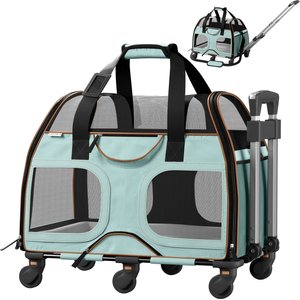 Katziela Luxury Rider Pro Removable Wheels & Double Telescopic Handle Airline-Approved Dog & Cat Carrier Bag, Blue/Brown