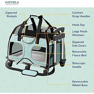 Katziela Luxury Rider Pro Removable Wheels & Double Telescopic Handle Airline-Approved Dog & Cat Carrier Bag, Blue/Brown