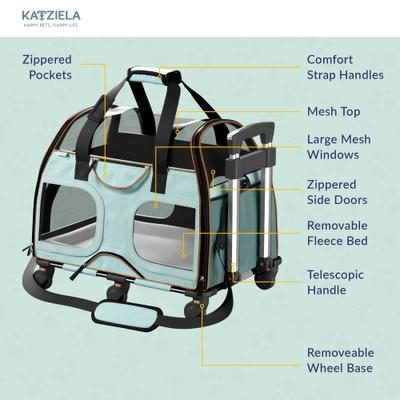 Show full view: Katziela Luxury Rider Pro Removable Wheels & Double Telescopic Handle Airline-Approved Dog & Cat Carrier Bag, Blue/Brown slide 5 of 9