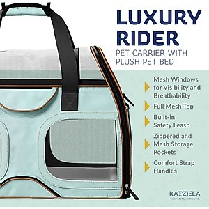 Katziela Luxury Rider Pro Removable Wheels & Double Telescopic Handle Airline-Approved Dog & Cat Carrier Bag, Blue/Brown