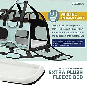 Katziela Luxury Rider Pro Removable Wheels & Double Telescopic Handle Airline-Approved Dog & Cat Carrier Bag, Blue/Brown