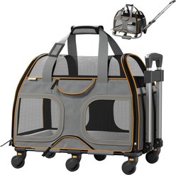 Katziela Luxury Rider Pro Removable Wheels & Double Telescopic Handle Airline-Approved Dog & Cat Carrier Bag, Gray & Orange