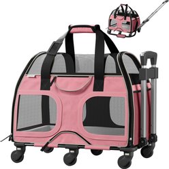Katziela Luxury Rider Pro Removable Wheels & Double Telescopic Handle Airline-Approved Dog & Cat Carrier Bag, Pink/White