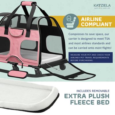 Show full view: Katziela Luxury Rider Pro Removable Wheels & Double Telescopic Handle Airline-Approved Dog & Cat Carrier Bag, Pink/White slide 7 of 9