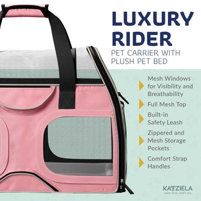 Show full view: Katziela Luxury Rider Pro Removable Wheels & Double Telescopic Handle Airline-Approved Dog & Cat Carrier Bag, Pink/White slide 4 of 9