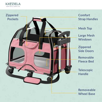 Show full view: Katziela Luxury Rider Pro Removable Wheels & Double Telescopic Handle Airline-Approved Dog & Cat Carrier Bag, Pink/White slide 5 of 9