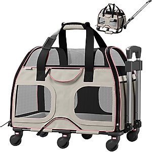 Katziela Luxury Rider Pro Removable Wheels & Double Telescopic Handle Airline-Approved Dog & Cat Carrier Bag, White/Pink