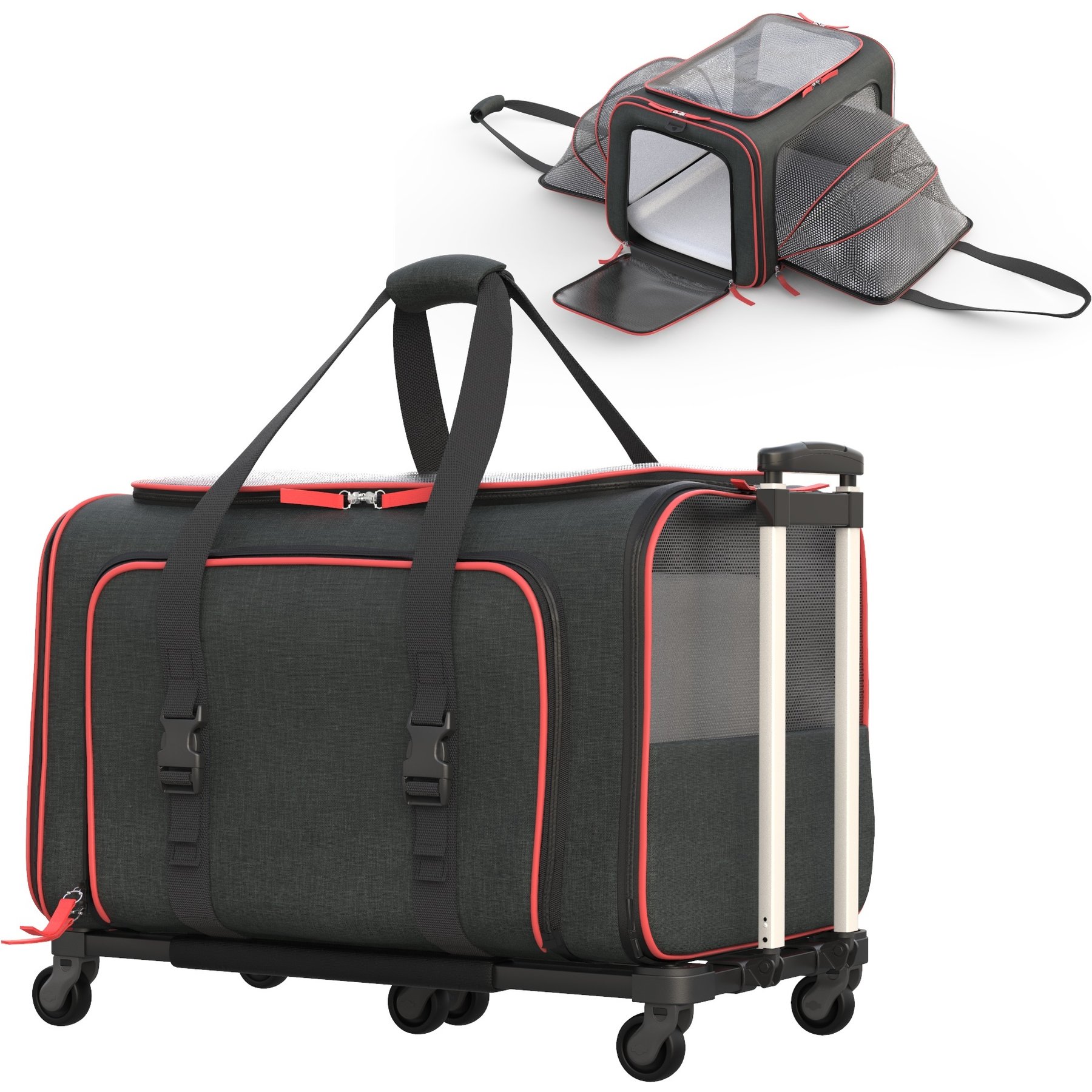 Katziela Rolling Rover Airline Approved Bag Dog & Cat Carrier, 18-in, Black & Red
