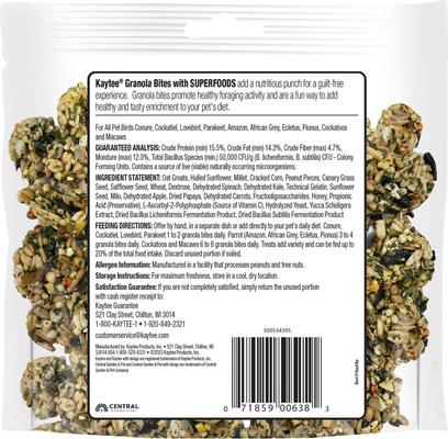 Show full view: Kaytee Granola Bites Spinach & Kale Bird Treats, 4.5-oz bag slide 2 of 6
