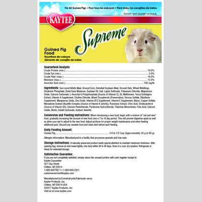 Show full view: Kaytee Supreme Fortified Daily Diet Guinea Pig Food, 25-lb bag slide 6 of 9