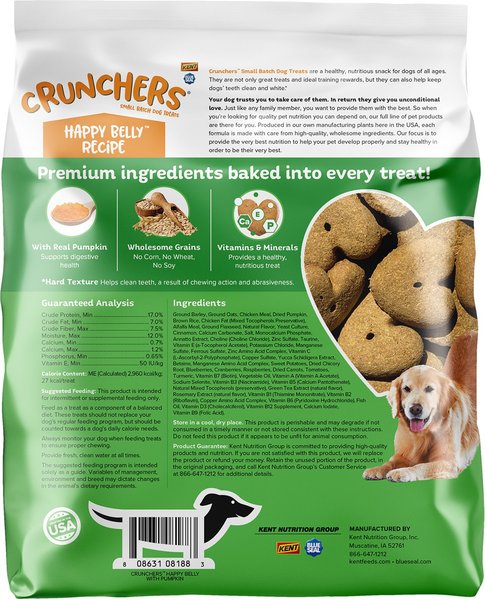 Kent / Blue Seal Crunchers Happy Belly, Digestive Health, Real Pumpkin, Dog Treats, 2-lb bag